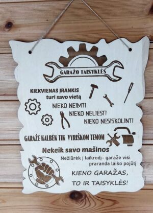 garažo taisyklės Medinė lentelė "Garažo taisyklės"